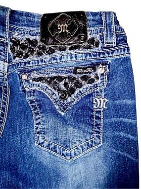 Miss Me Blue Denim Boot Cut Jeans with Sequin Pocket Trim Sz 31